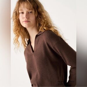 Uniqlo Washable Knit Ribbed Polo Sweater Brown long sleeve XL